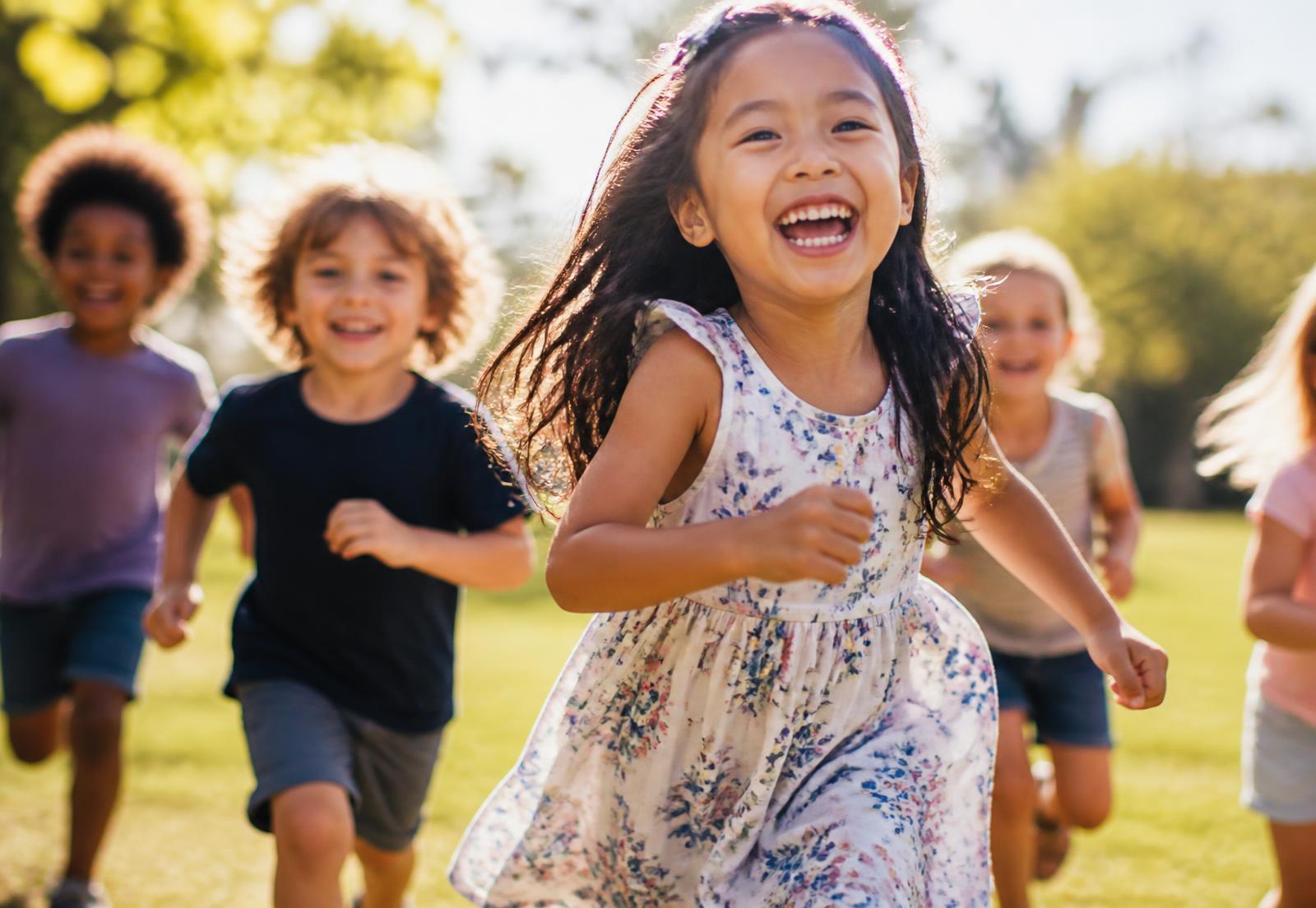Children laughing while playing outdoors in a sunny park